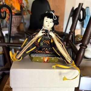 Traditional Japanese Doll with Black and Gold Kimono